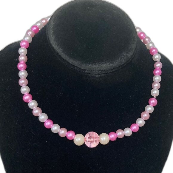 BARBIE Core Pink White Swirl Rose Colored Beads Statement Choker Necklace 16 in - Picture 1 of 11